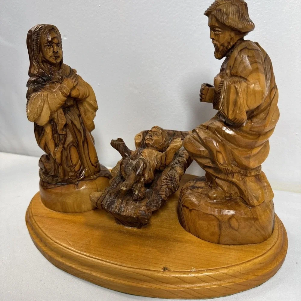 Hand Carved Olive Wood Nativity Scene Holy Family Manger Set on Wooden Base